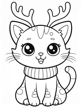easy coloring page of christmas cat with reindeer antlers. ready to print on 8.5x11 inch paper
