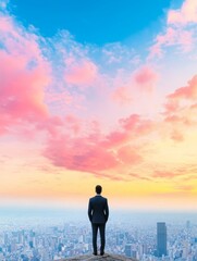 Fototapeta premium Visionary Business Leader Overlooking a Futuristic City from a Skyscraper Edge