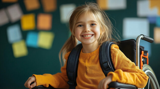 Girl in wheelchair at school, cheerful student smiling and learning, inclusion in education for child with disability, happy handicapped kid in classroom environment, knowledge and care