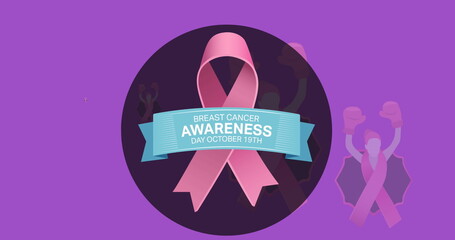 Fototapeta premium Image of breast cancer awareness text over pink breast cancer ribbons