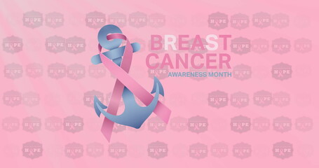 Image of breast cancer awareness text over pink breast cancer ribbons