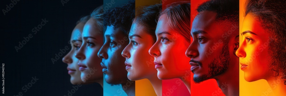 Aufkleber Diverse faces are arranged along a line, showcasing their differences and emphasizing division and bias through vibrant colors. Generative AI