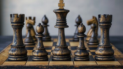 Fototapeta premium Strategic Project Planning Illustrated as a Chessboard with Risk and Strategy Pieces