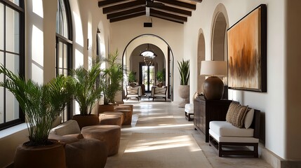 Sunlit Hallway with Arched Entryways and Tropical Plants