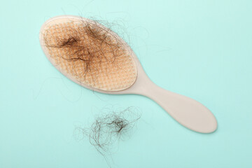 One brush with lost hair on light blue background, top view
