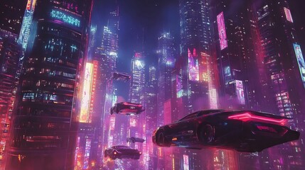 Spectacular nighttime in cyberpunk city of the futuristic fantasy world features skyscrapers, flying cars, and neon lights. Digital art 3D illustration. Acrylic painting.