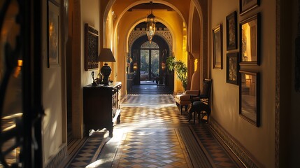 Obraz premium Sunlit Hallway with Archway and Artwork in a Luxurious Home