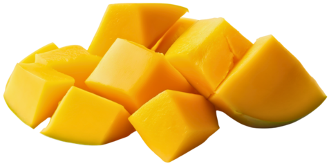 Isolated mango fruit slices and cubes, cut into exotic and ripe pieces, sweet and juicy tropical dessert for a healthy and delicious diet