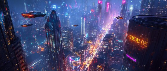 Spectacular nighttime in cyberpunk city of the futuristic fantasy world features skyscrapers, flying cars, and neon lights. Digital art 3D illustration. Acrylic painting.