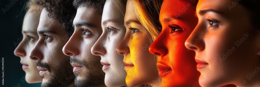 Poster a lineup of diverse faces emphasizes societal divisions, highlighting bias and the beauty of differe