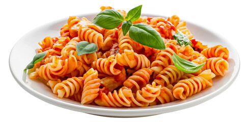 Spiral pasta rotini macaroni isolated on transparent background, closeup view of a healthy and delicious dinner with tomato sauce, a traditional Italian homemade meal for lunch
