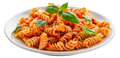 Spiral pasta rotini macaroni isolated on transparent background, closeup view of a healthy and delicious dinner with tomato sauce, a traditional Italian homemade meal for lunch