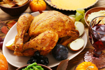 Festive dishes with tasty turkey for Thanksgiving Day on wooden background, closeup