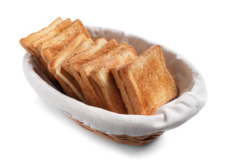Delicious slices of toasted bread in basket isolated on white