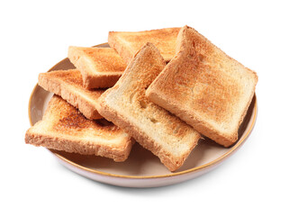 Delicious slices of toasted bread isolated on white