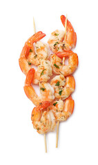 Skewers with delicious grilled shrimps isolated on white, top view