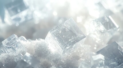 Close-up of white, crystalline salt crystals with soft lighting.