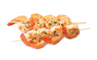 Skewers with delicious grilled shrimps isolated on white, top view