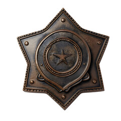 Fototapeta premium Isolated vintage sheriff officer star badge, a retro western symbol of law and justice, old emblem design with a classic shape, authority and security in wild west deputy