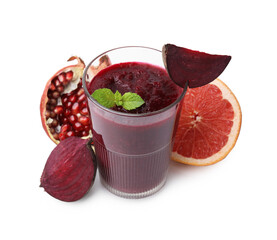 Tasty beetroot smoothie with mint in glass, fresh vegetables and fruits isolated on white. Vegan drink