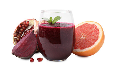 Tasty beetroot smoothie with mint in glass, fresh vegetable and fruits isolated on white. Vegan drink