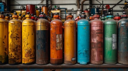 Lot of cylinders combined in gas ramp. Cylinders for compressed gas.