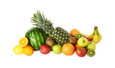 Many fresh ripe fruits isolated on white