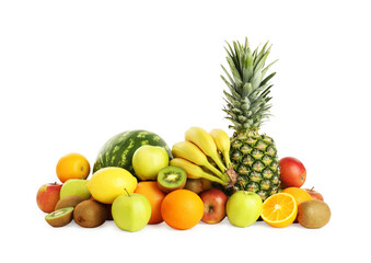 Many fresh ripe fruits isolated on white