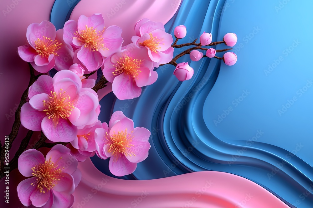 Poster Peach blossom abstract landscape with flowing lines and soft colors, illustrated in a scene where an abstract landscape features flowing lines and soft colors representing peach blossoms, creating