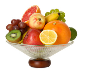 Glass vase with different fresh fruits isolated on white