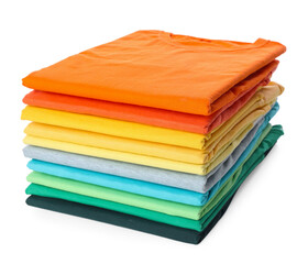 Stack of clean colorful t-shirts isolated on white