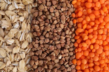 Different grains and cereals as background, top view