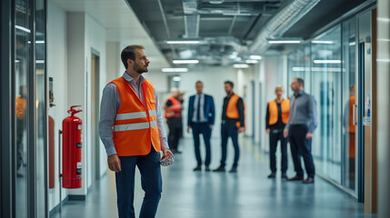 A team conducts a safety inspection in an office hallway, with a focus on fire safety and ensuring a secure working environment