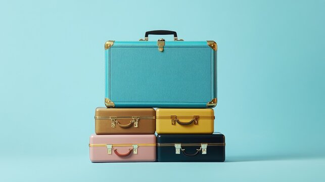 A stack of colorful vintage suitcases against a light blue background.