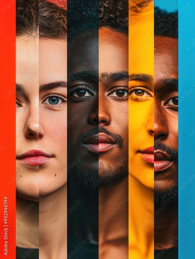 Poster brightly colored sections showcase diverse faces, highlighting division and bias while celebrating t