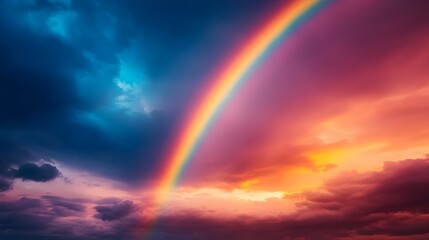 Fototapeta premium Dramatic rainbow across moody cloud filled sky after summer rainstorm
