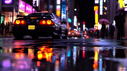 Obraz premium Rainy City Street at Night with Glistening Puddles Neon Lights and Hurrying Commuters