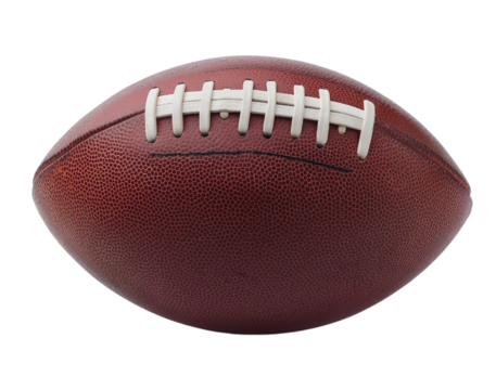Isolated American football or rugby ball on a transparent background, classic brown leather and white lace design, sport competition, and athletic action equipment for touchdown