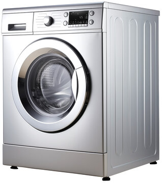 Front View To a metallic washing machine PNG isolated on white and transparent background - Stainless steel Drum capacity Quick wash Laundry Machine