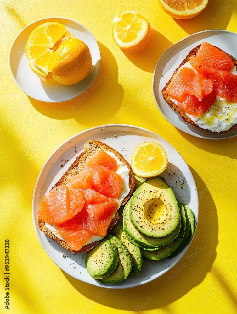 Poster a healthy breakfast features avocado toast topped with cucumber slices of salmon