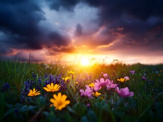 Fototapeta premium Dramatic Sunbeams Piercing Through Parting Storm Clouds Over Tranquil Meadow of Diverse Wildflowers and Grassy Knolls