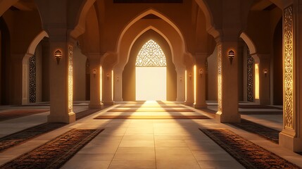 A sunlit interior of a grand mosque with ornate arches