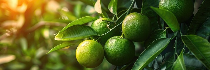 Vibrant green oranges suspended on a tree.