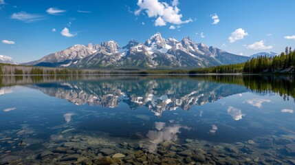 Fototapeta premium Majestic mountain range reflecting in a crystal-clear lake