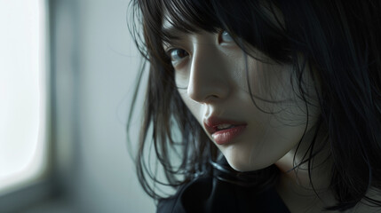 Naklejka premium 不安な表情の若い日本人女性