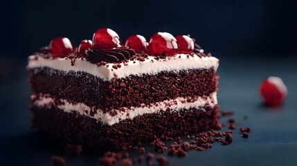 Tasty and delicious sweet cubic black forest cake on a dark background