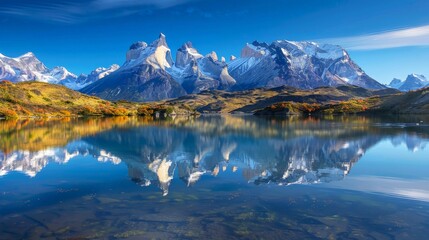 Fototapeta premium Majestic mountain range reflecting in a crystal-clear lake