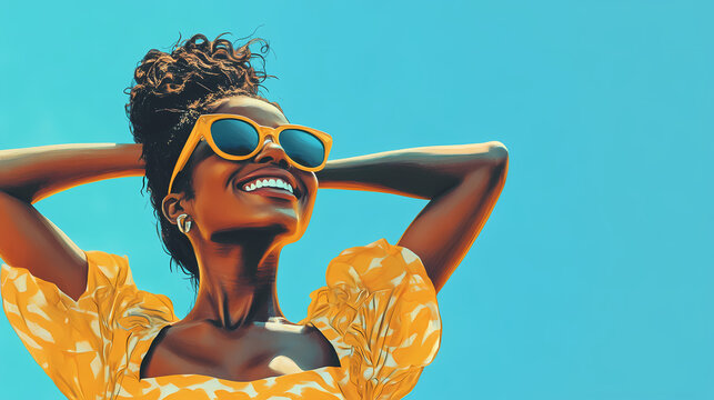 A stylish woman exuding joy and confidence, set against a vibrant azure background reminiscent of a clear summer sky. Vibrant. Illustration