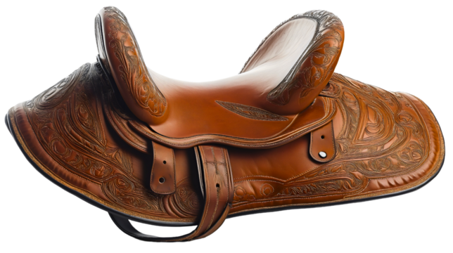 Isolated brown leather horse saddle, a key piece of equestrian equipment for riding and sport competition, western craftsmanship and seat gear