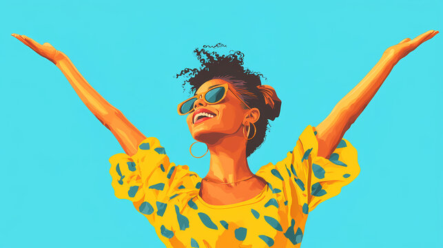 A stylish woman exuding joy and confidence, set against a vibrant azure background reminiscent of a clear summer sky. Vibrant. Illustration